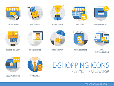 E-Shopping Icons cash on delivery discount flat icon good evaluation hot products new arritvel online payment online service retums support rush delivery vip member web icon