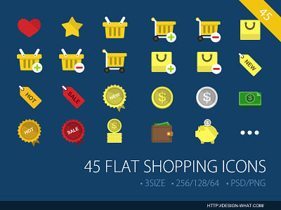 45 Flat Shopping ICONs coins crown gift hot money new pos sale shop shopping truck web