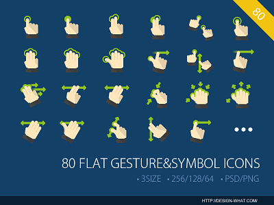 80 Flat Gesture&symbol ICONs add ban battery bluetooth clap delete filck multi finger tap press and tap shake hands web
