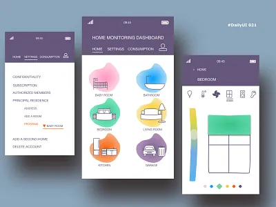 DailyUI021 baby room bathroom bedroom blinds fan garage home home monitoring dashboard kitchen light living room lock speaker temperature