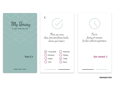 DailyUI023 books fiction get started library onboarding registration sign in signup test