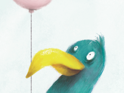 Bird holding balloon balloon beak bird blue eyes illustration pink teal