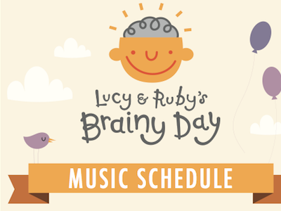 Lucy and Rubys Brainy Day balloon banner bird brain brainy cancer day gray hand drawn logo type yellow