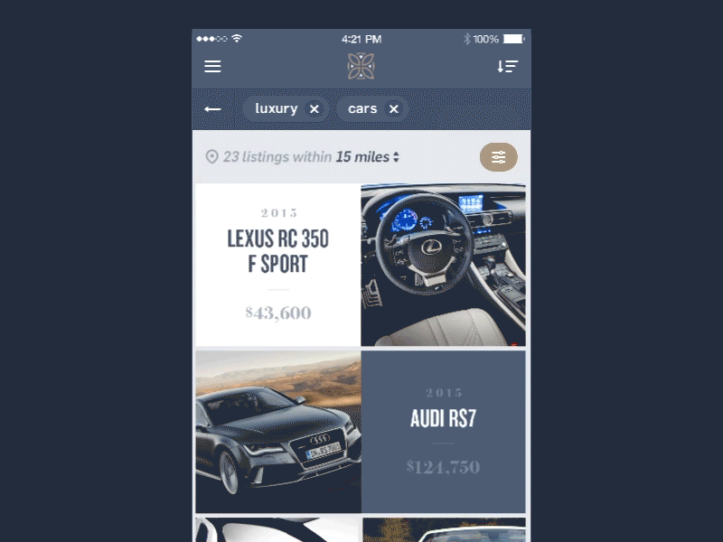 iPhone App for a luxury marketplace activity animation brand cars icon logo luxury monogram motion typography ui ux