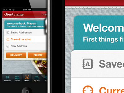 iPhone App Welcome Screen app delivery fabric food geomicons interface iphone list menu orange orders paper pickup red tabbar takeout teal ui welcome