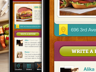 iPhone App Store Profile button delivery food form green interface iphone orange paper pink ratings restaurant review tabbar teal texture ui wood yellow