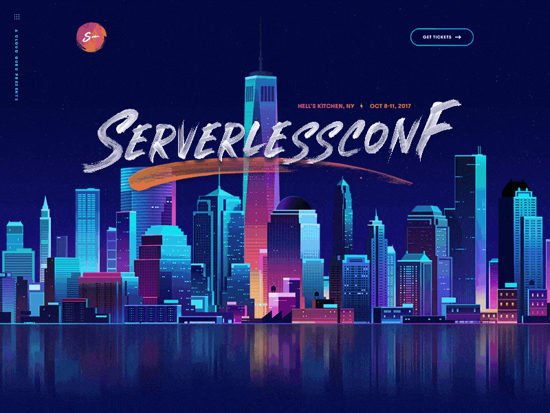 Serverless Conference Brand & Website cityscape cloud code conference landing paint synthwave