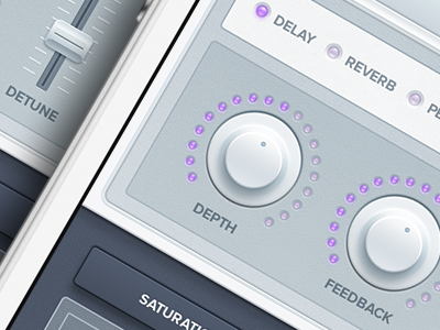 iPhone Synth Effects App UI Remix blue delay detune filter grid interface ios7 knob knob twiddler lights music pitch purple reverb synth ui