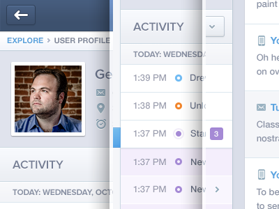 Activity Profile UI UX activity activity feed blue dashboard data email feed flat icons message mixpanel navigation notification profile push push notification tooltip web