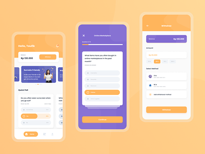 Survey App app app design balance clean design mobile app questionnaire questionnaire app reward reward app survey survey app ui ui design ux wallet withdraw