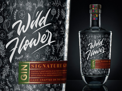 Wild Flower Gin alcohol branding bottle label brand design calligraphy distillery gin label packaging pattern