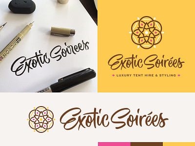 Exotic Soirées brush pen calligraphy lettering logo mandala process