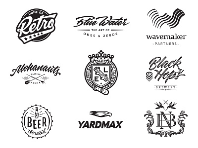 Logofolio In Black & White branding brush pen crest emblem lettering logo mark shield signature