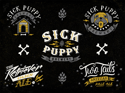 Sick Puppy beer bones brewery dog hops lettering logo puppy vintage