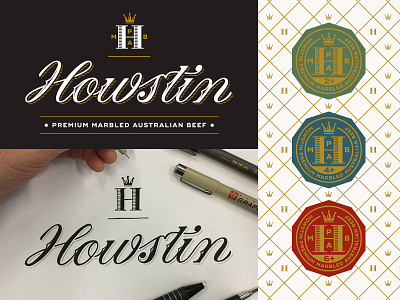 Howstin badge calligraphy crown emblem lettering ligature logo monogram process