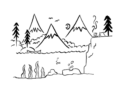 Minimalist Campsite black camping flat illustration landscape line art lines mountains procreate scenery sketch white