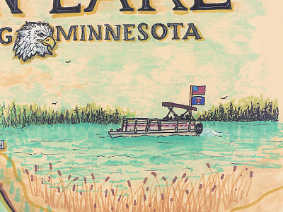 Washburn Lake 02 cabin cat tails eagle flags hand drawn illustration lake north point pontoon