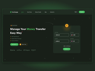 Money Exchange Landing Page Dark Mode app app design design landing page money money exchange money transfer ui ui design ux ux design web ui webdesign website website design