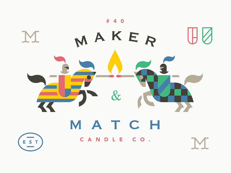 Maker & Match Candle Co. crest candle match fire flame logo horse knight jousting