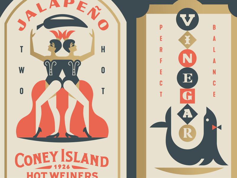 Coney Island Labels jalapeño women animal crest balance pepper seal circus twins