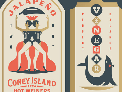 Coney Island Labels animal balance circus crest jalapeño pepper seal twins women