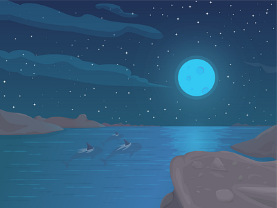 night island fish illustration landscape moon mountain sea star vector