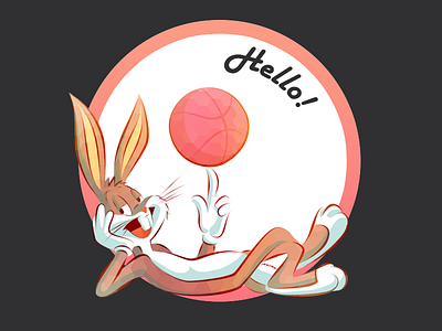 Hello, dribbble! ball bugs bunny dribble hello illustration pink rabbit