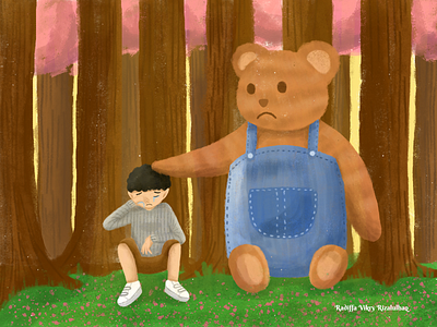 Criying with Bear art bear bear illustration childrens book illustration cute illustration digital art digital illustration digital painting digitalart environment environment art forest forest illustration good artwork illustration kids illustration