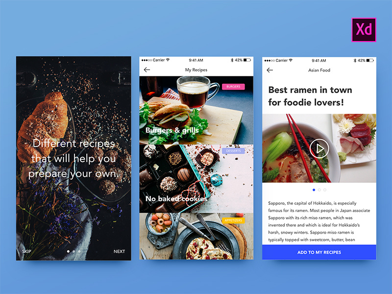 Foodies UI Kit - Adobe Xd freebie foodie food app mobile web design prototype adobexd adobe