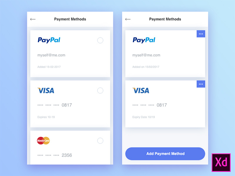 Freebie - Payment Methods freebie adobexd xd adobe mobile app ecommerce methods payment