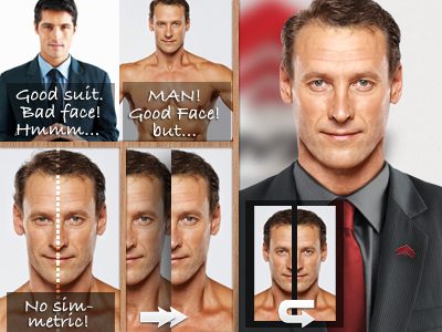 Process | Face of company face man simmetric suit