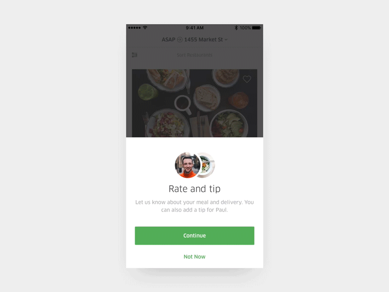 Uber Eats Tipping and Ratings card delivery food framer ios motion prototype rating tipping
