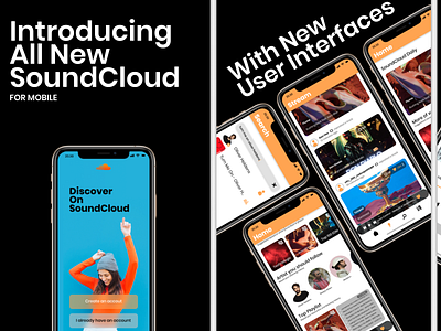 SoundCloud Redesign Mobile App (w/ Iphone XI Pro Mockup) app branding design flat illustration minimal ui ux