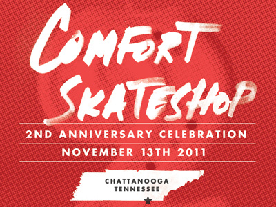 Comfort's Second Anniversary event illustration poster skateboarding typography