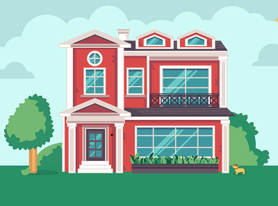 Red house dog flat illustration house illustration spring summer vector