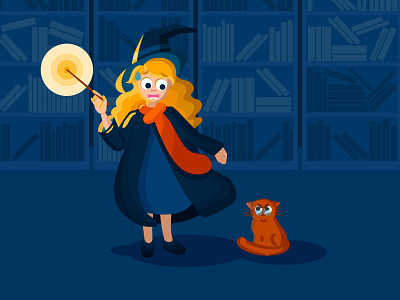 Once in Hogwarts Library cat character flat illustration glasses hair hat illustration light scarf student vector wizard