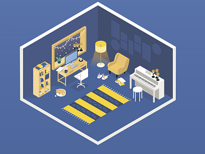 Cozy isometric place adobe illustrator ikea illustration isometric art piano room slippers vector winter