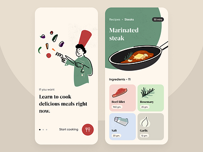 Book of recipes app artist character colors cook design dinner dishes flat food green illustration illustrator mobile recipe steak style ui ux vector