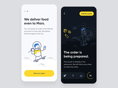 Delivery app app character colorful colors courier delivery design dinosaur flat food illustration illustrator mars mobile moon style ui ux vector yellow