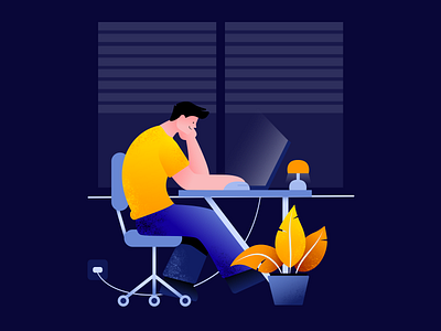Worker guy - night time affinity blue illustration lamp mouse plant plants window windows yellow