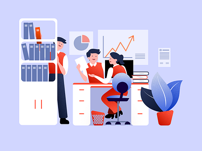 Old Times Office affinity art black blue design diagram documents elegant illustration lines monitor office orange plant purple smile statistics team teamwork work