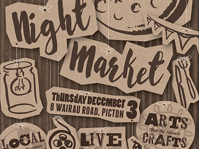Night Market Concept hand crafted illustration kraft board market moon night typography