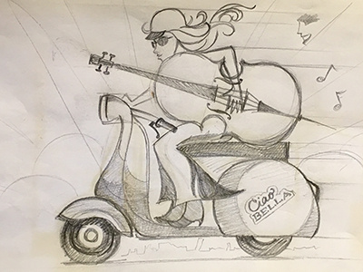 Ciao Bella cello illustration motorcyclist orchestra piaggio vespa