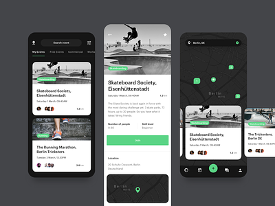SPRT App - Events android app application clean dark design events ios map minimal mobile mockup navigation typography ui ux