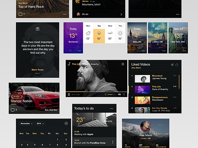 Black&Yellow UI KIT button calculator calendar comments kit player profile search time ui video weather