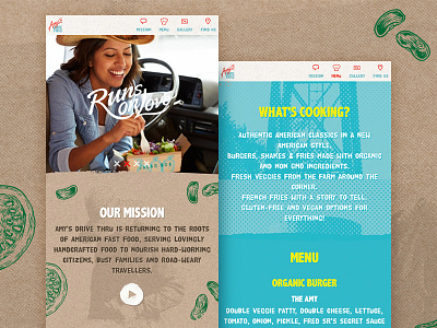 Amy's Drive Thru - Mobile View amys drive thru bright burger grid healthy illustration layout responsive restaurant ui ux web