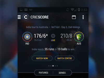 Cricket Score App android app clean cricket dark dark theme flat score simple transparent ui ux