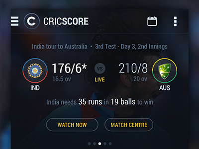 Cricket Score App v2 android app clean cricket dark flat mobile score simple transparent ui ux