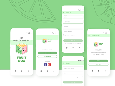 Sign in / Sign up in to FRUIT BOX app android android app app design authentication authorization design figma design fruit illustration fruits inspiration log in mobile sign in sign up ui welcome page