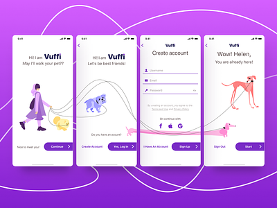 Authorization process at Vuffy app authentication authorization comunity connected create account create new dog illustration forgot password ios app design login logout pet care sign in sign up user interface walking pets